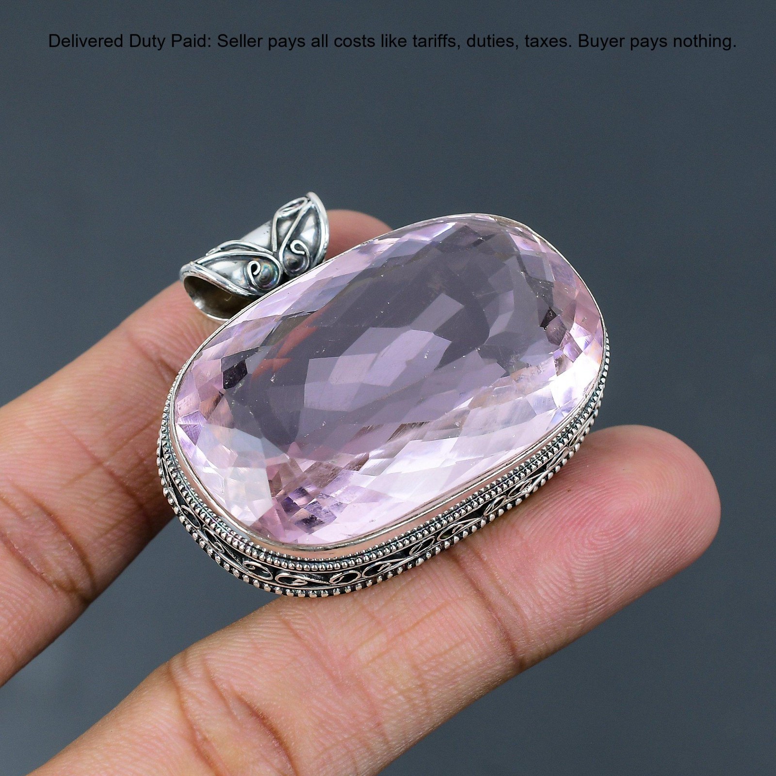 New Year Sale Sterling Silver Radiant Natural Pink Kunzite Vintage Bezel Pendant
