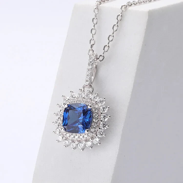 2Ct Cushion Shape Sapphire Solitaire Pendant Free Chain 14k White Gold Finish