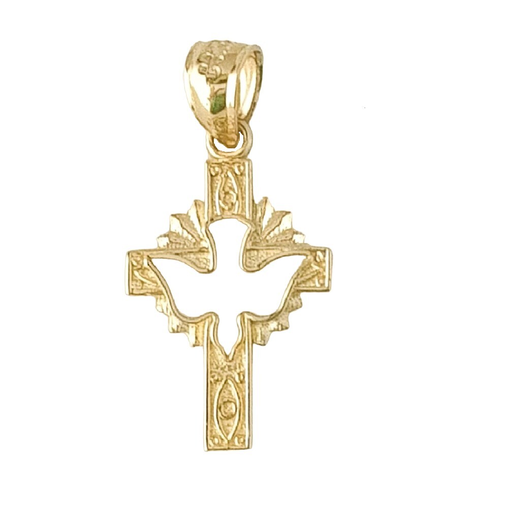 14k Yellow Gold Cross with Holy Dove Pendant / Charm, Made in USA
