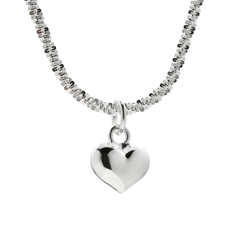 Woman Real S925 Sterling Silver Glossy Heart Charm Italy Sequins Chain Necklace