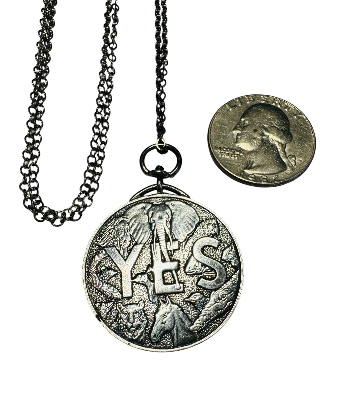 Vtg Sterling Silver Yes No Quandary Coin Pendant Necklace High Detail Animals