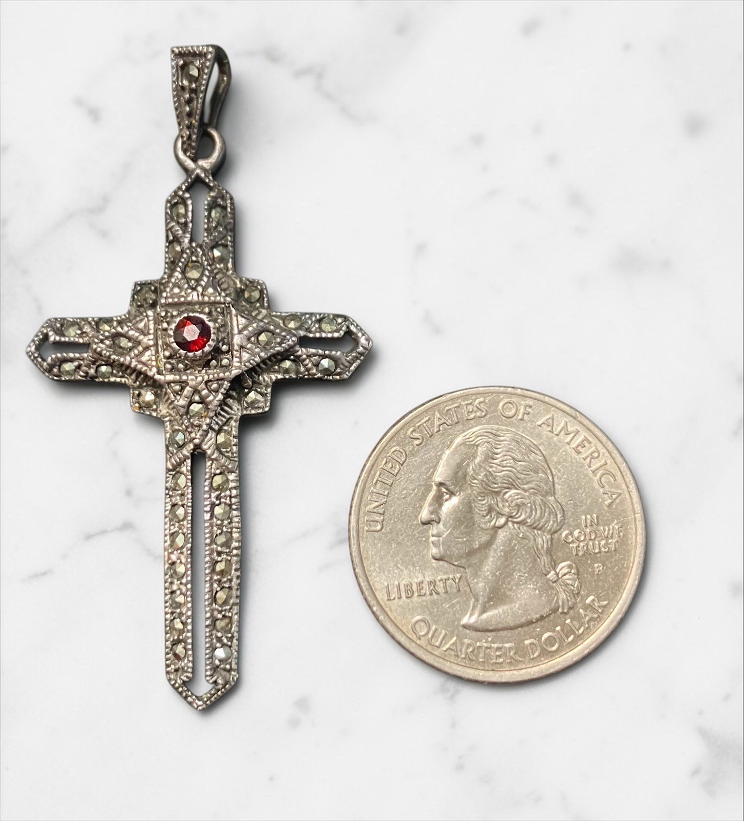 VTG Thai 925 Sterling Silver Red Stone MARCASITE Cross Pendant Gothic Art Deco