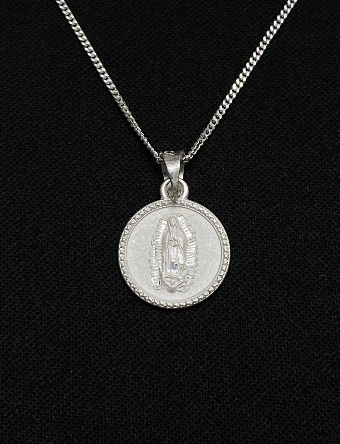 Sterling Silver Virgin Mary Pendant With 20” Silver Curb Chain