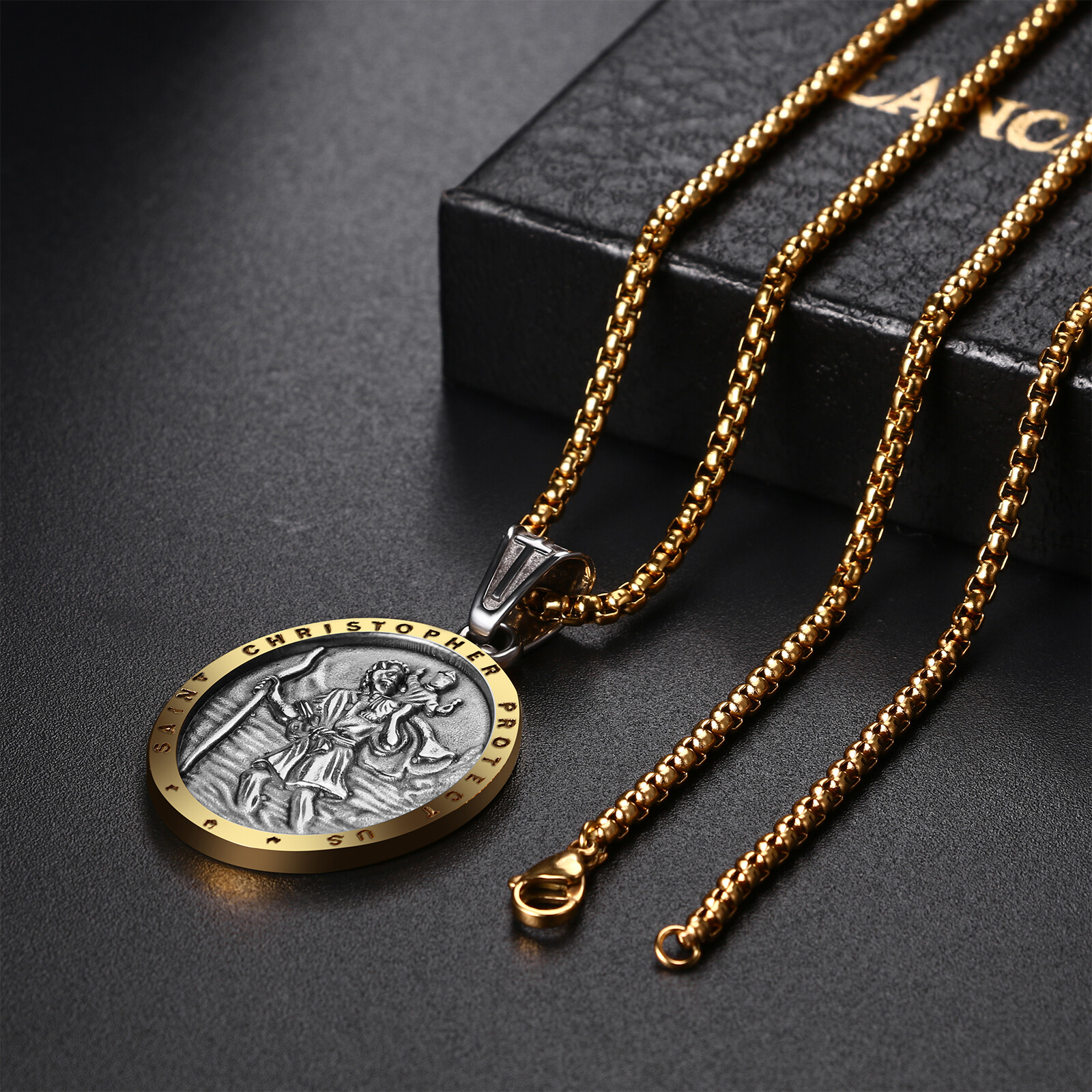 Men Shield Medal Pendant Traveler St Christopher Angel Religious Amulet Necklace