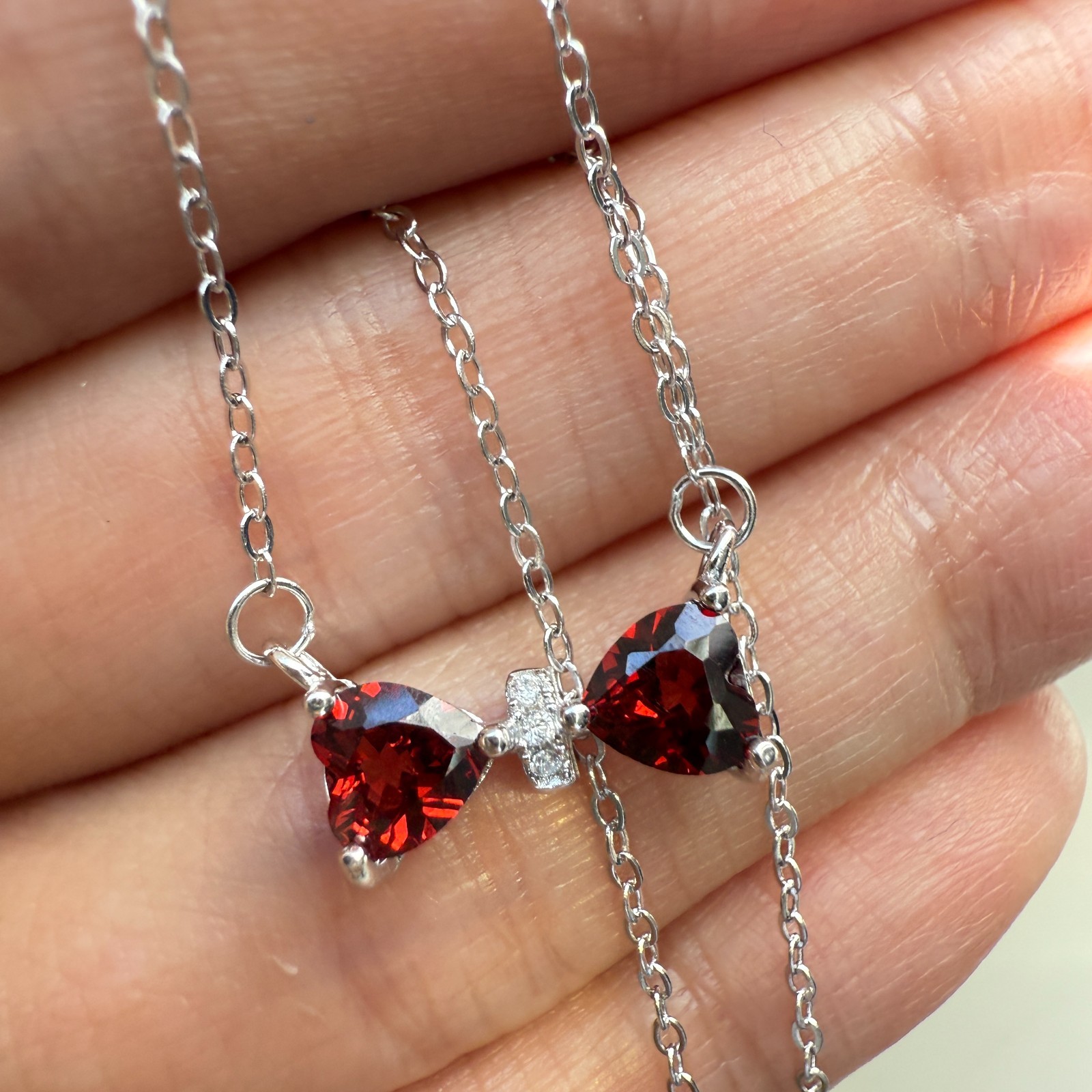 925 Sterling Silver Necklace 5mm Heart Natural Garnet Gemstone Zircon Chain Bow