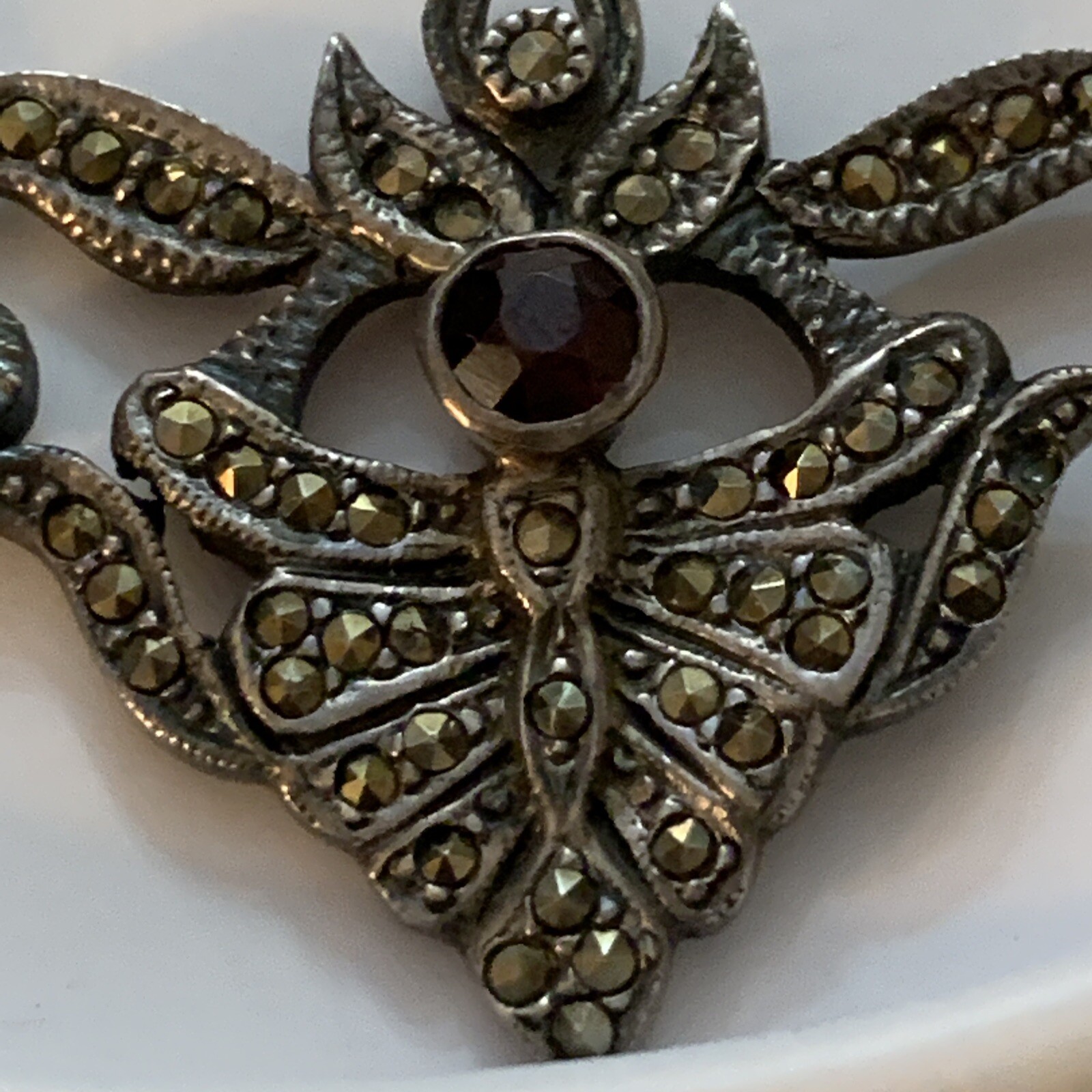 ART DECO 925 STERLING SILVER GARNET MARCASITE FOLIATE DROP LINK SCROLL NECKLACE