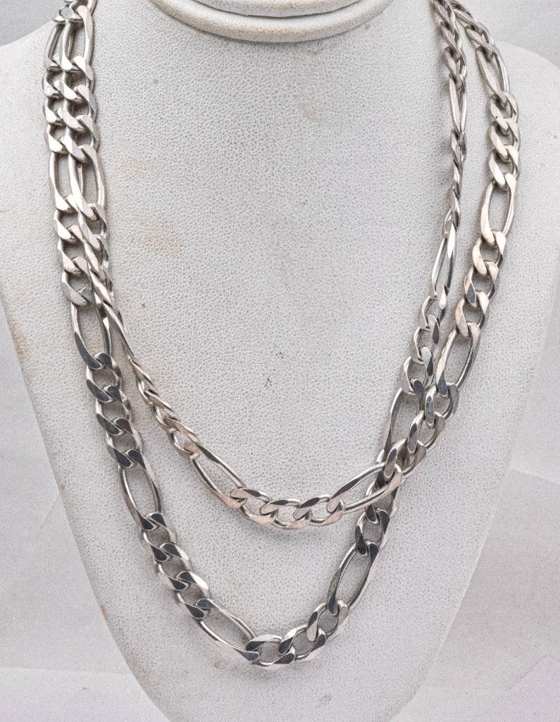 Estate Sterling Silver Solid 7.2mm wide 30″ Long FIGARO Link chain Necklace 50gr