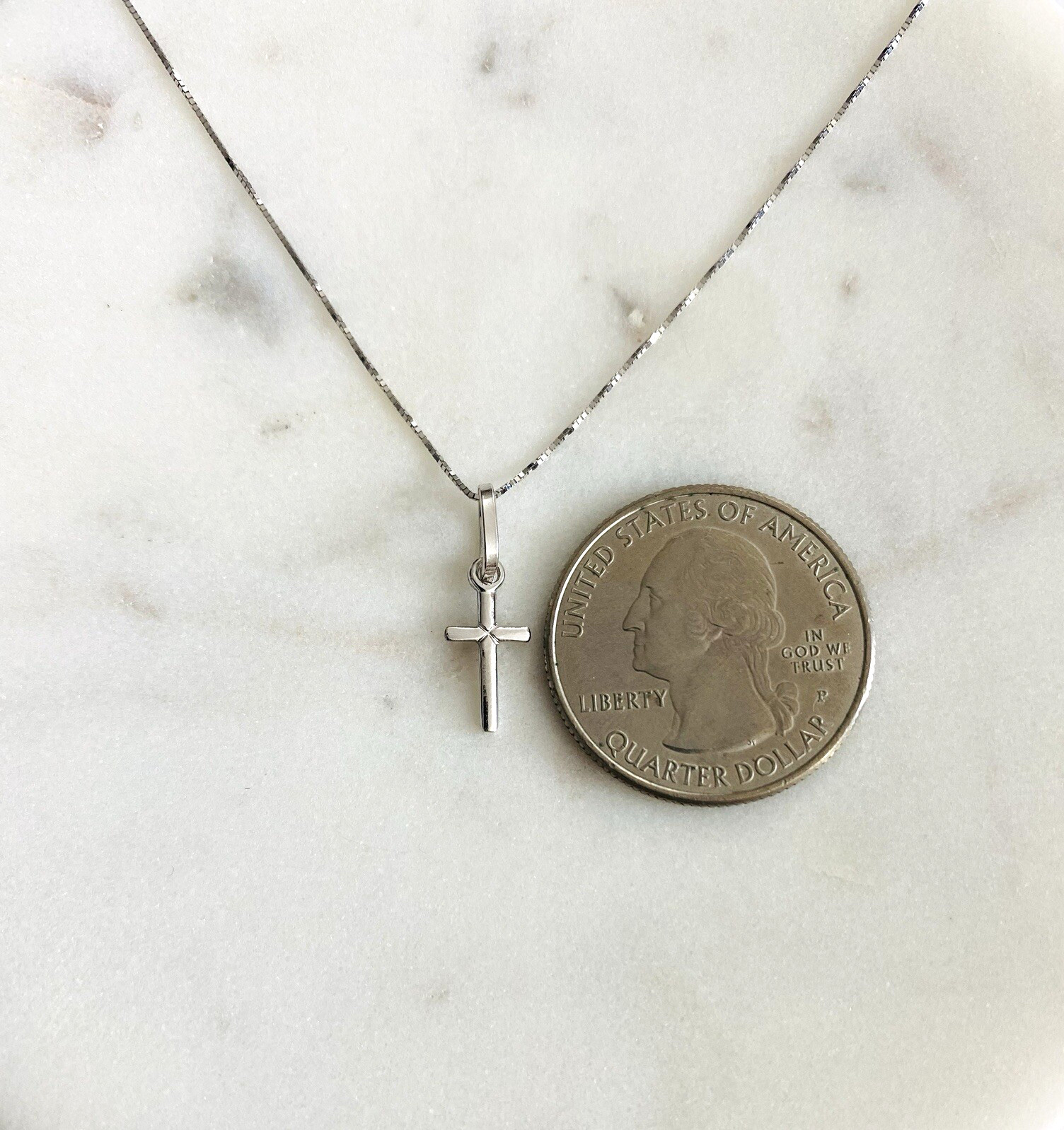 14k Solid White Gold 0.7″ Cross Pendant 14kt 0.5mm Box Chain 16″ 18” 20″- PT143W