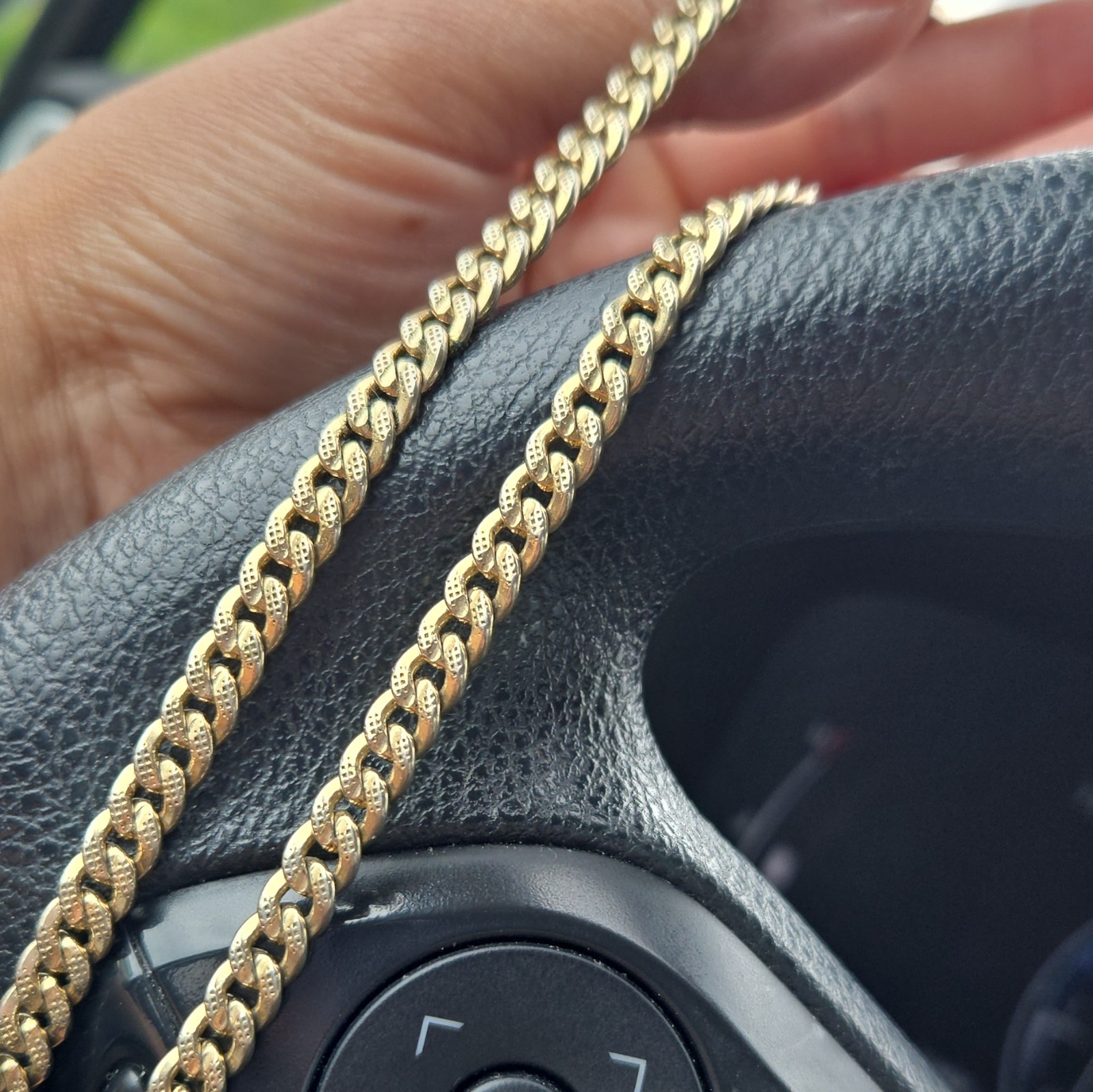 18K Yellow Gold Cuban Link Chain Necklace Engraved Rectangle Bar Pendant