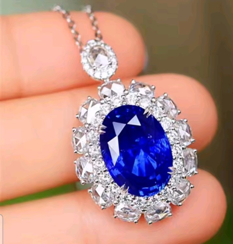 14K Gold NATURAL Blue Sapphire + Platinum Pendant Sterling Silver. PEN200