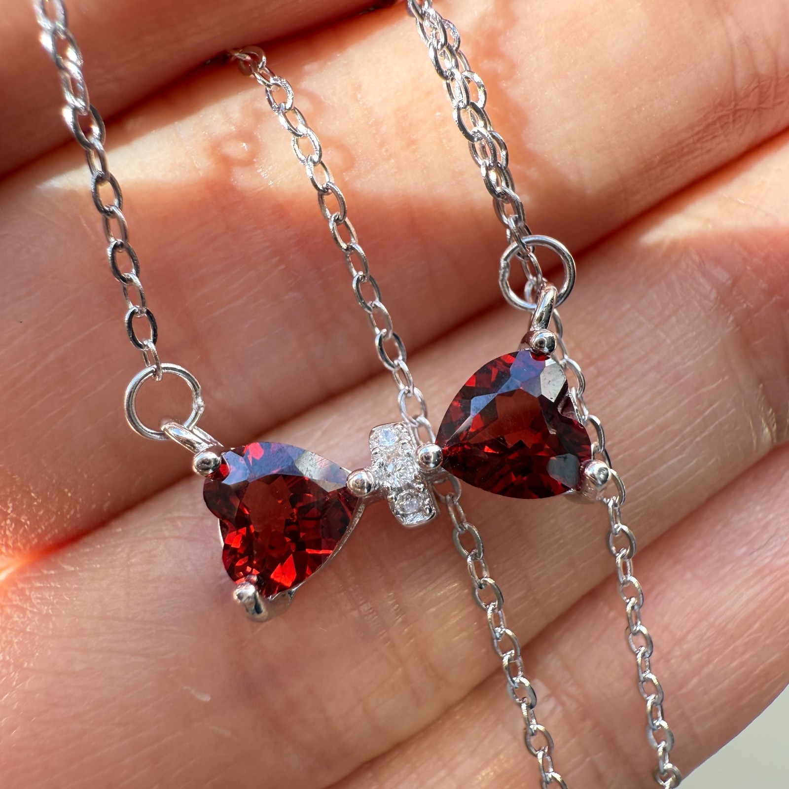 925 Sterling Silver Necklace 5mm Heart Natural Garnet Gemstone Zircon Chain Bow