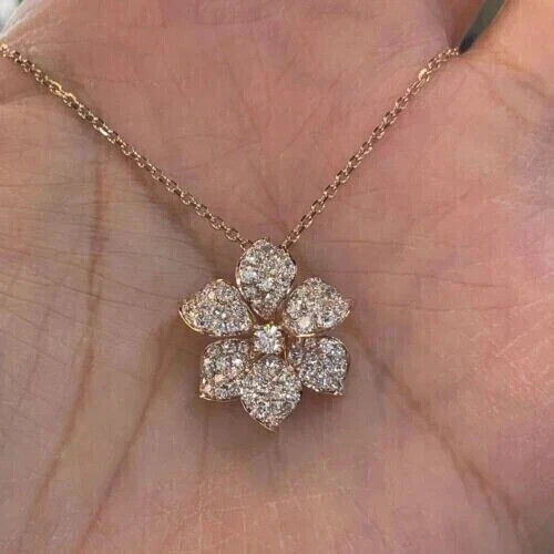 0.40Ct Round Cut Real Moissanite Flower Pendant With Chain 14K Rose Gold Plated