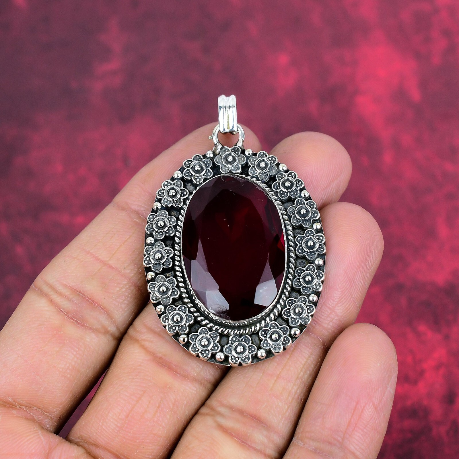 Red Garnet Gemstone Handmade 925 Sterling Silver Pendant Jewelry