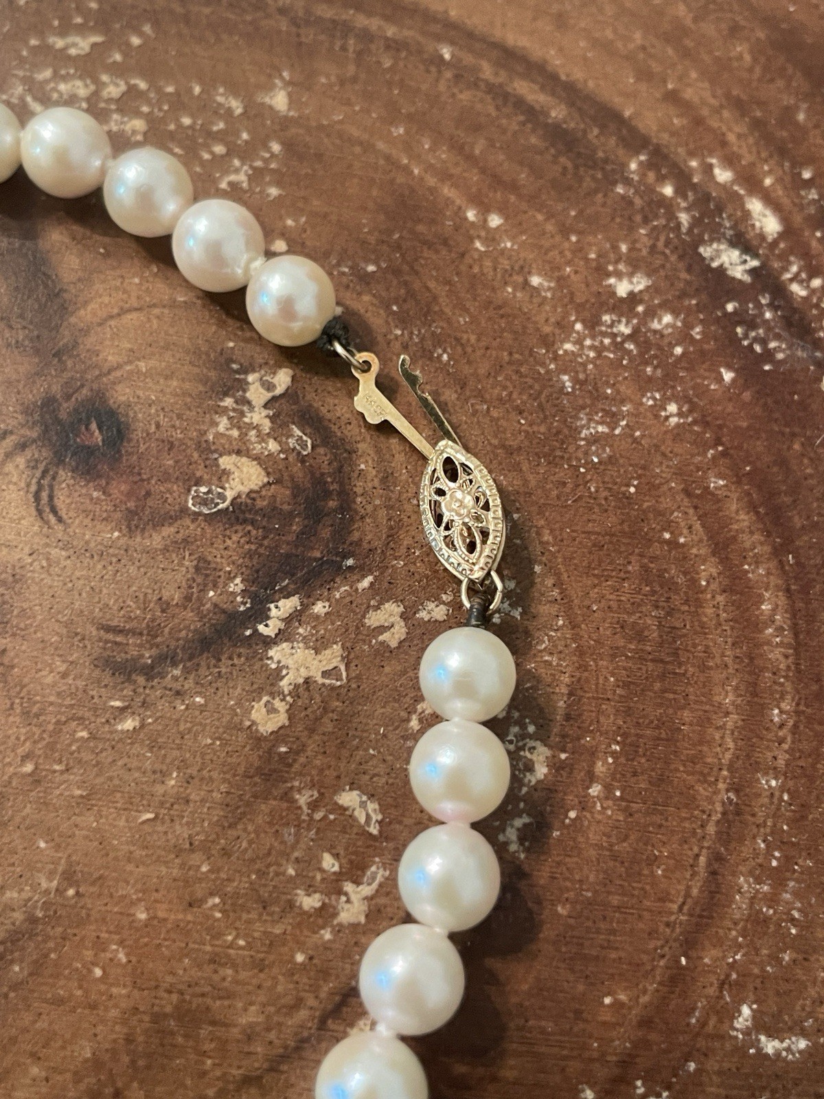 6mm Pearl Strand W/ 14k Yellow Gold Clasp Individually Knotted Necklace 17”