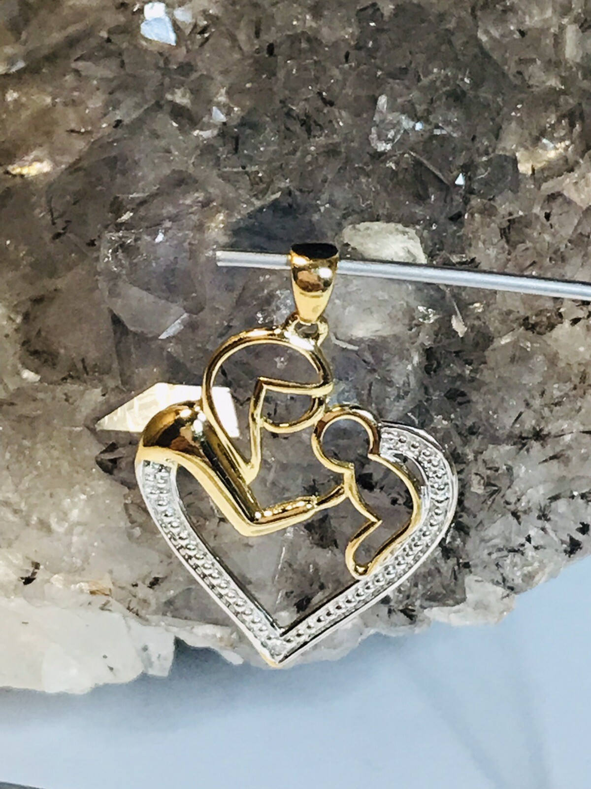 10K Multicolor Gold Mother & Child Open Heart pendant Diamond Accent & illusion