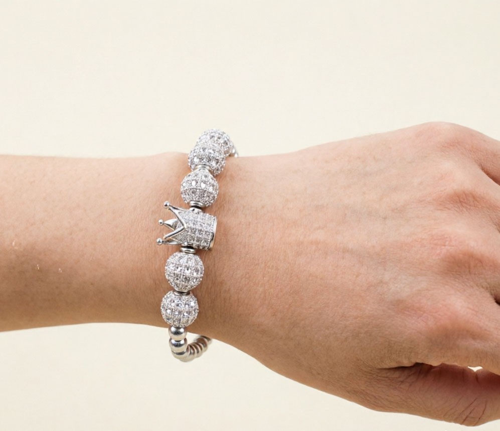 Silver Adjustable Beaded Bracelet Luxury Imperial Crown Men Fashion Jewelry Gift