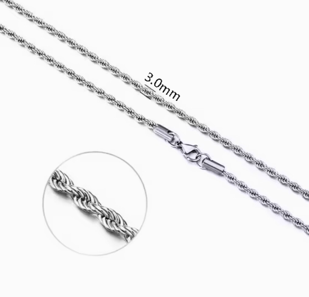 Mens Silver Rope Chain Necklace Stainless Steel Lobster Clasp 2–4mm Link