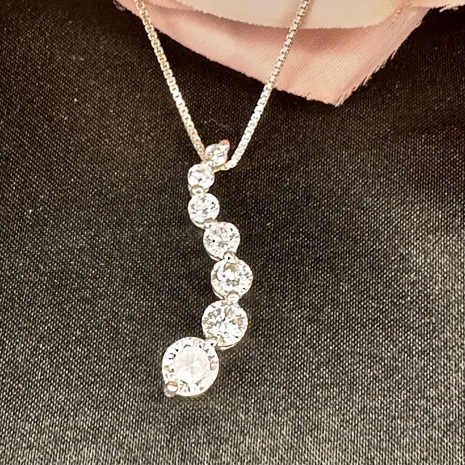 925 Sterling Silver CZ Graduated Drop Pendant Necklace Dainty Chain Elegant