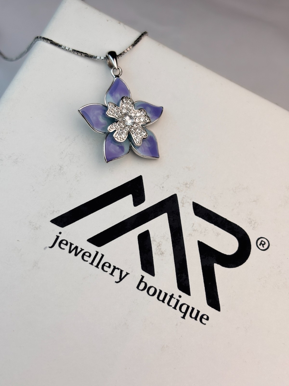 925 Silver Purple Flower P.set without chain CZ Enamel Floral For Women