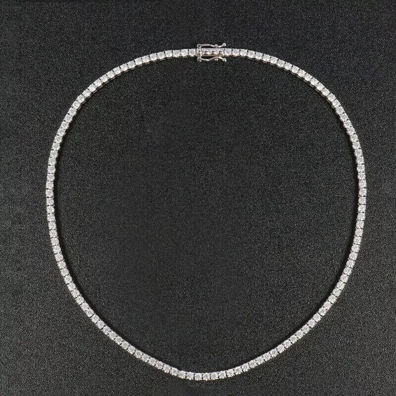 4MM Round Cut Real Moissanite Tennis Necklace Chain 14k White Gold Plated