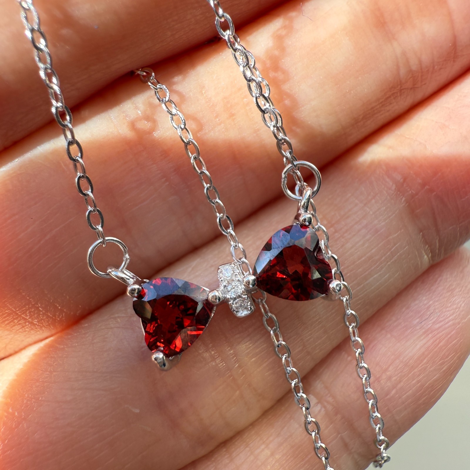 925 Sterling Silver Necklace 5mm Heart Natural Garnet Gemstone Zircon Chain Bow