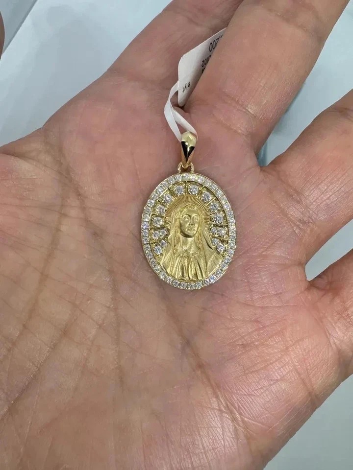 14K Yellow Gold Plated 1Ct Round Cut Real Moissanite Women’s Virgin Mary Pendant