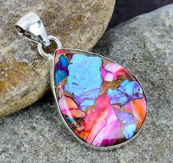 Pink Dahlia Turquoise Spiny Oyster Gemstone 925 Sterling Silver Handmade Pendant