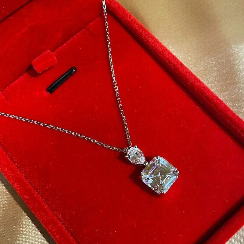 3Ct Lab Created Diamond Asscher Solitaire Pendant 14K White Gold Silver Plated