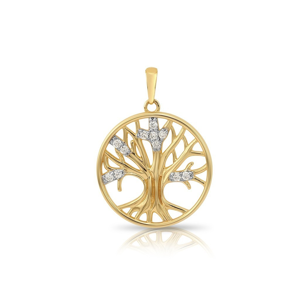 14K Solid Yellow Gold .10Ct Diamond Tree of Life Pendant Charm Necklace 18 in