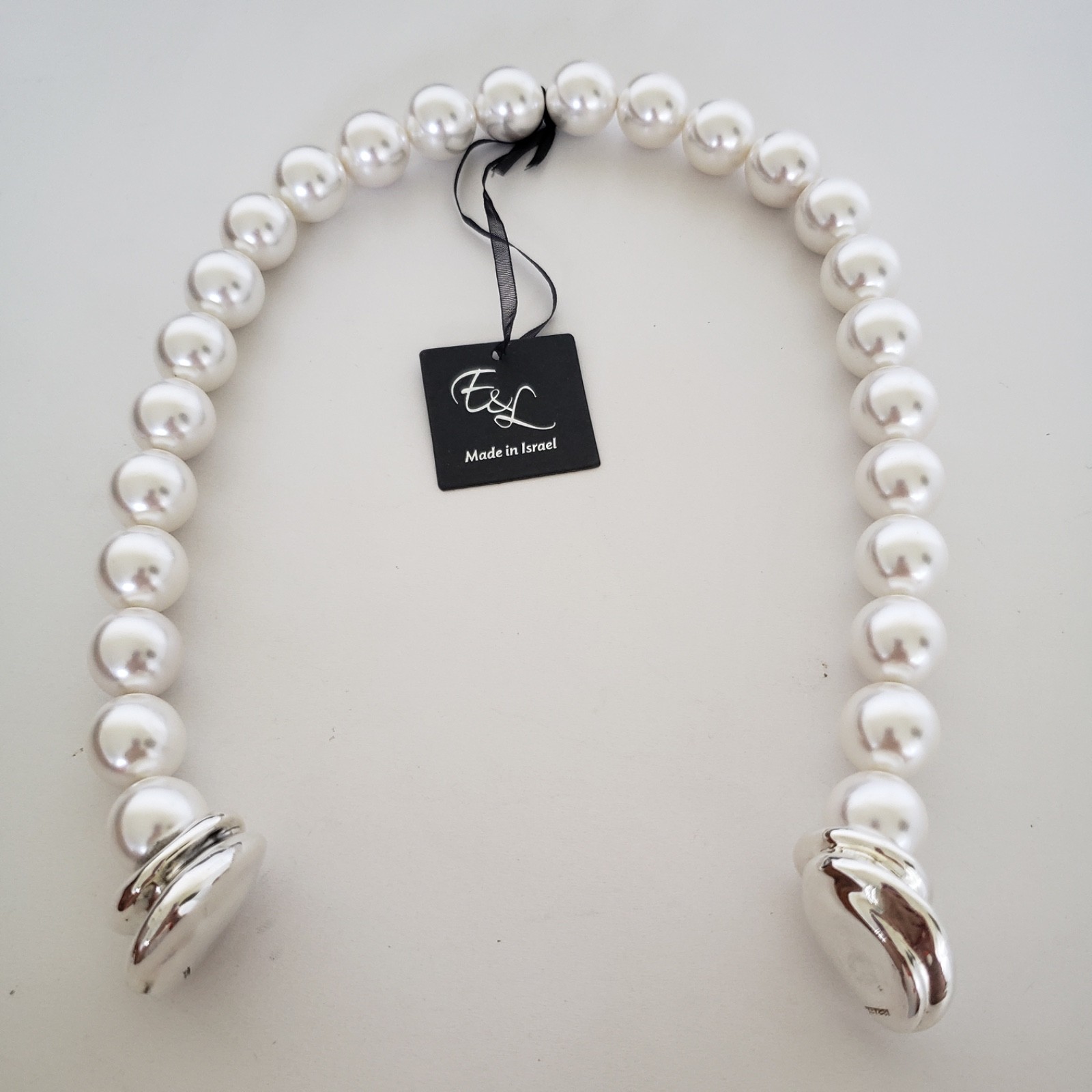 E&L Israel Sterling Silver Electroform Shell Pearl Beaded Necklace 18″