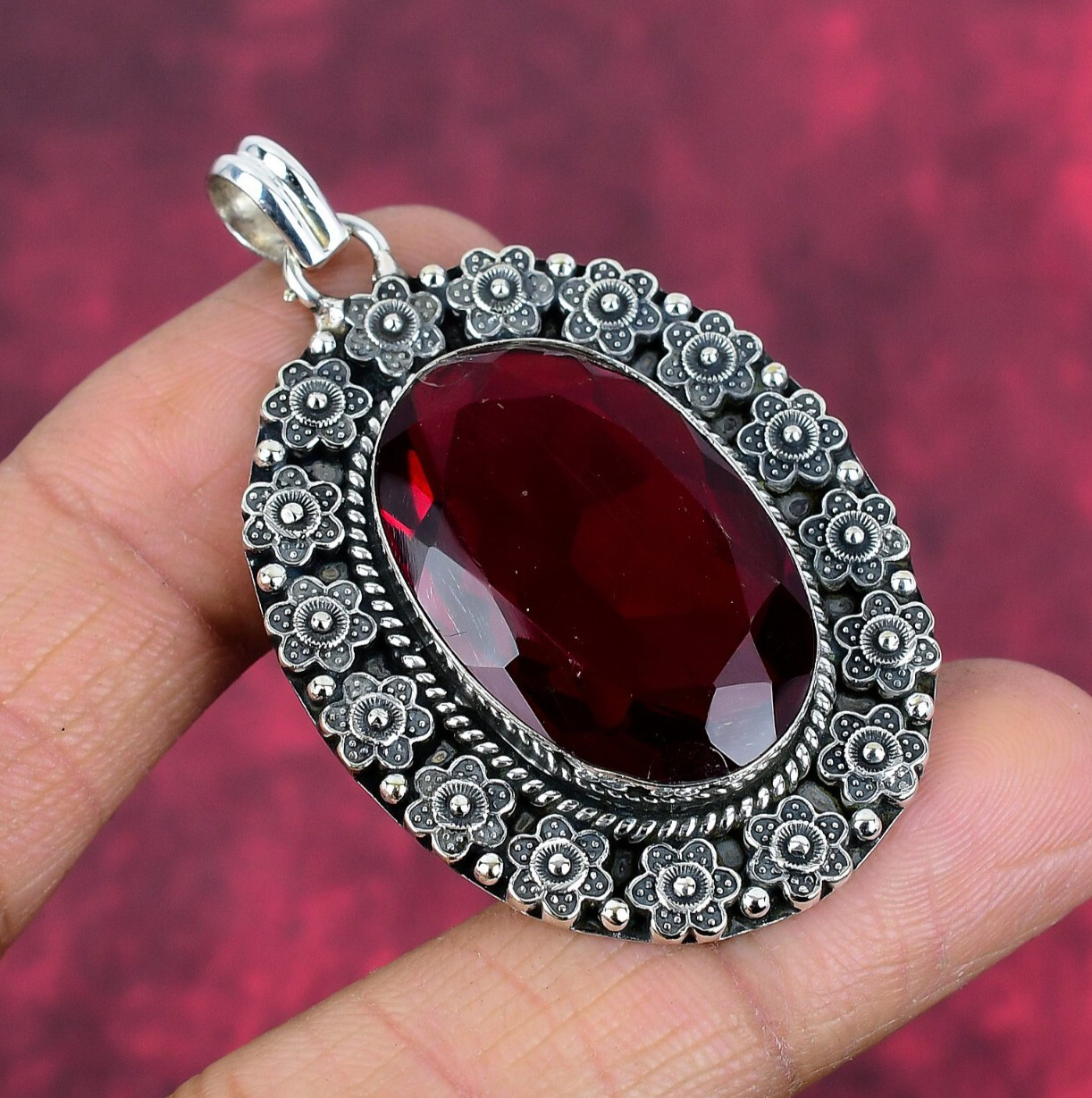 Red Garnet Gemstone Handmade 925 Sterling Silver Pendant Jewelry