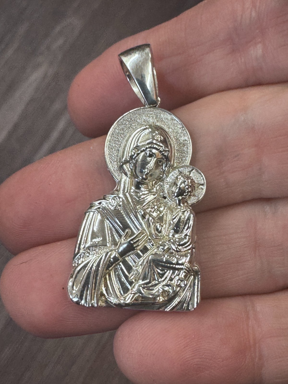 Virgin Mary Blessed Mother and Jesus Lady Theotokos Icon 1.5″ Pendant Silver 925