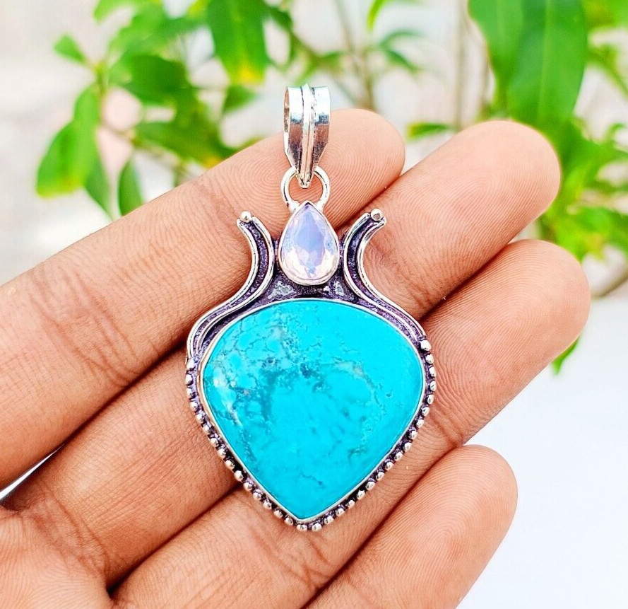 Natural Turquoise Gemstone Pendant 925 Sterling Silver Handmade Jewelry 2.20″