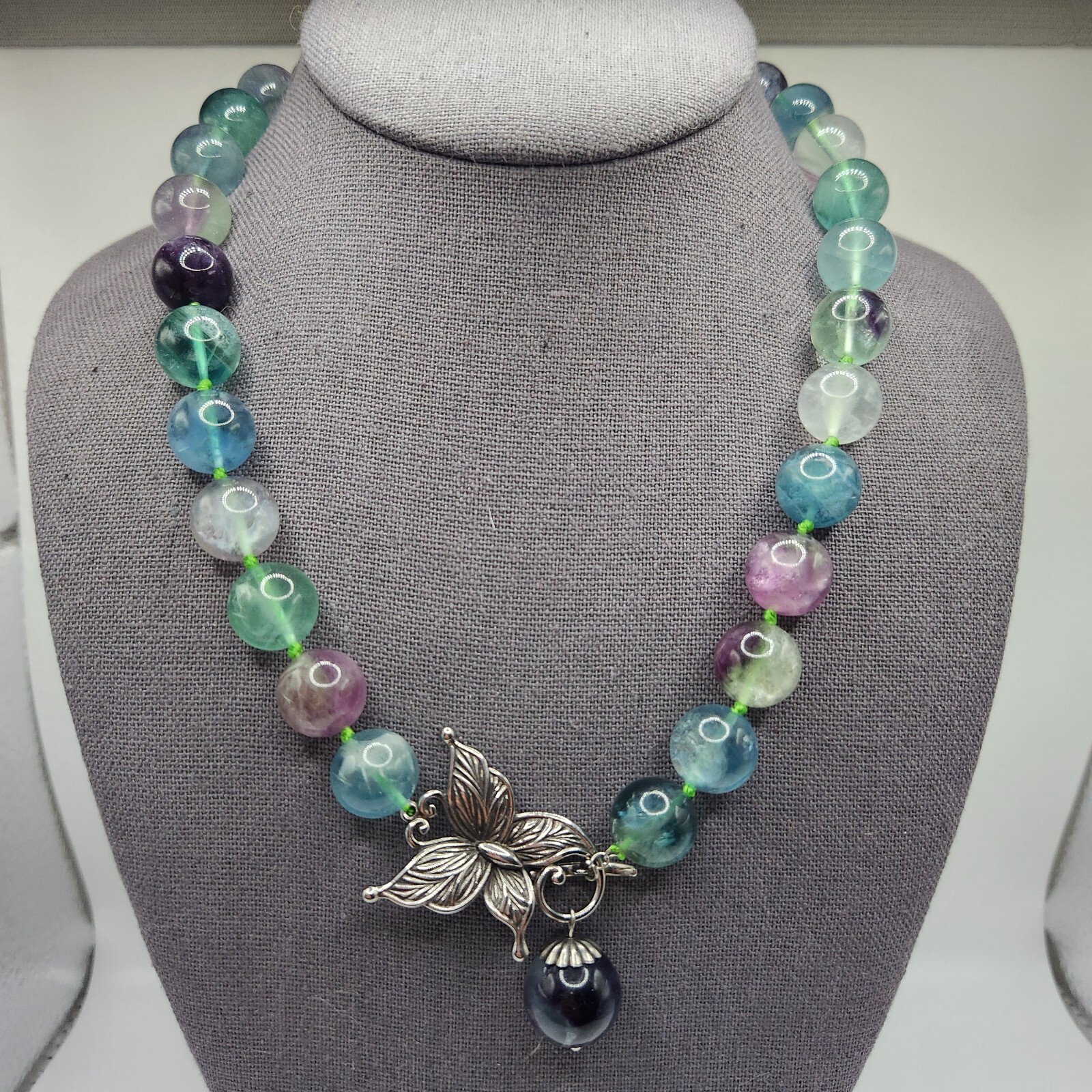 Multi Fluorite 13-17mm Necklace With Butterfly Clasp 20in Stainless Steel