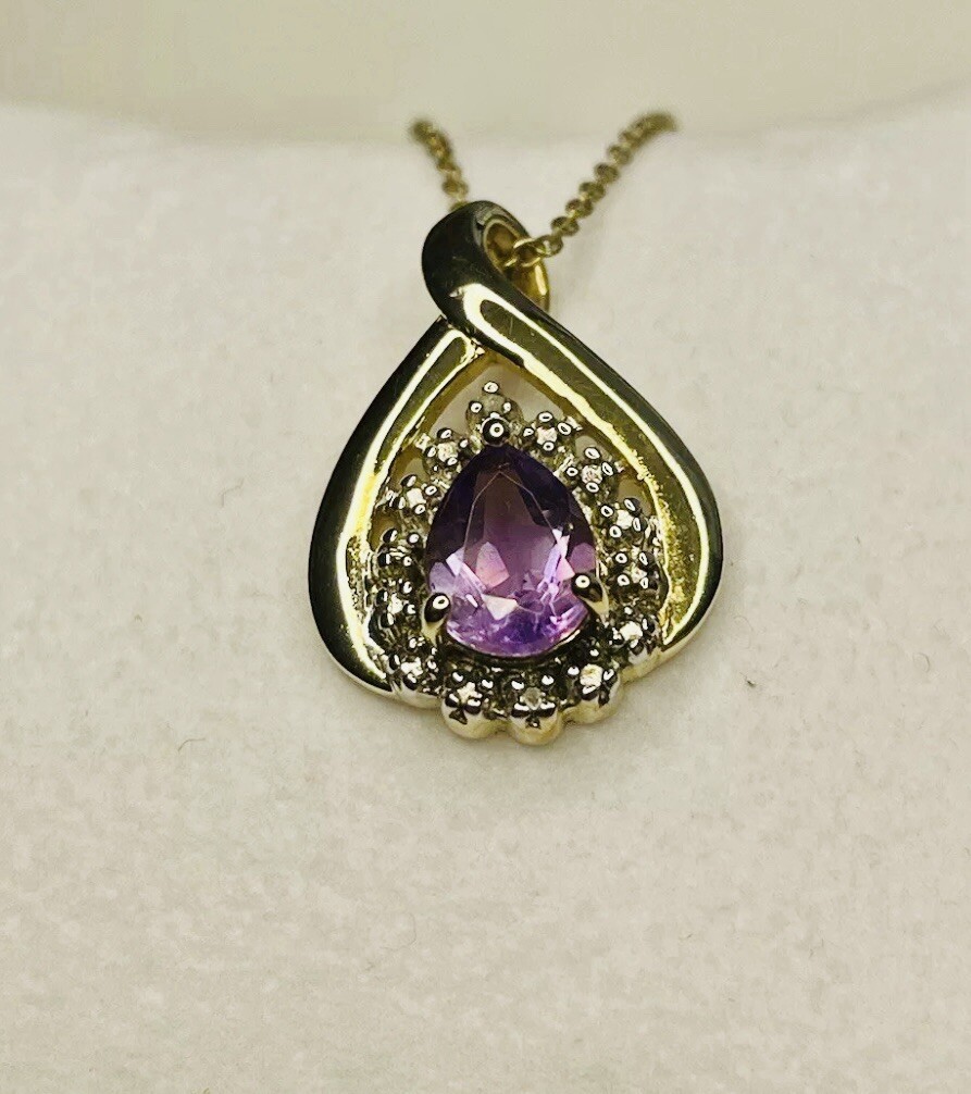 Amethyst & Diamond Pendant Necklace 0.75ct in Gold Plated 925 Sterling Silver