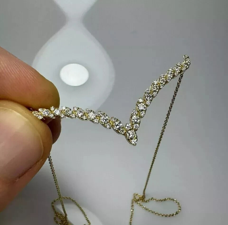 1.80Ct Round Cut Real Moissanite 14K Yellow Gold Plated V Shape Women’s Necklace