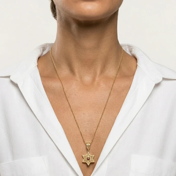 Star of David Filigree Pendant with Garnet or Citrine â€“ Optional Chain