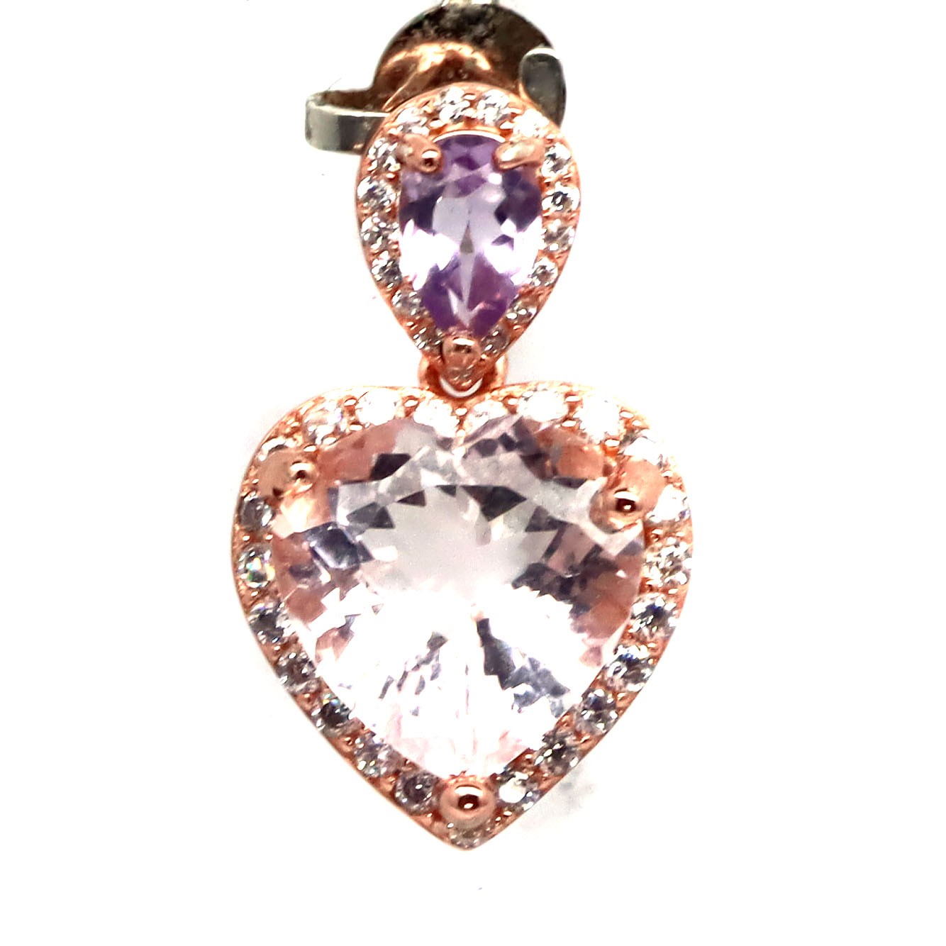 925 Sterling Silver 10 x 10 MM. Pink Kunzite, Amethyst & Cubic Zirconia Pendant