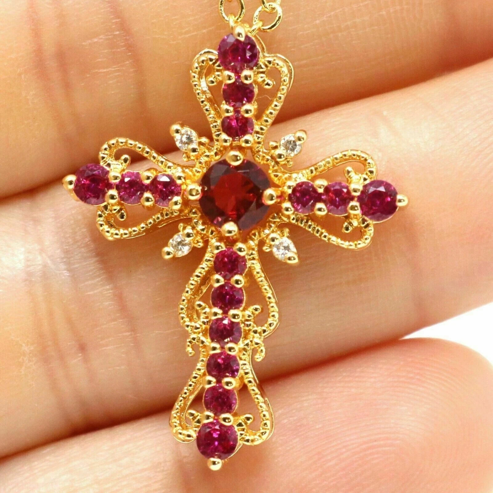 3Ct Round Cut Red Ruby Diamond Cross Pendant 14K Yellow Gold Over 18″Free Chain