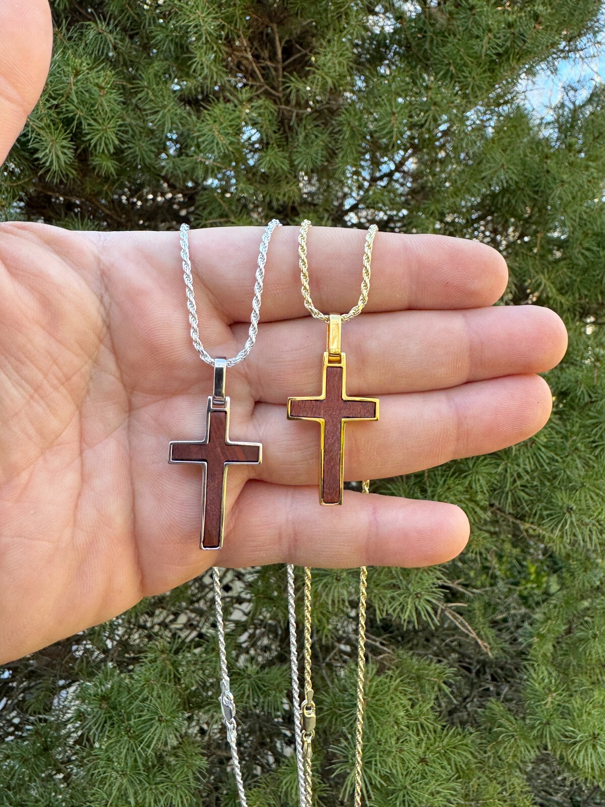 Real 925 Silver & Wood Inlay Plain Religious Cross Pendant Necklace Handmade
