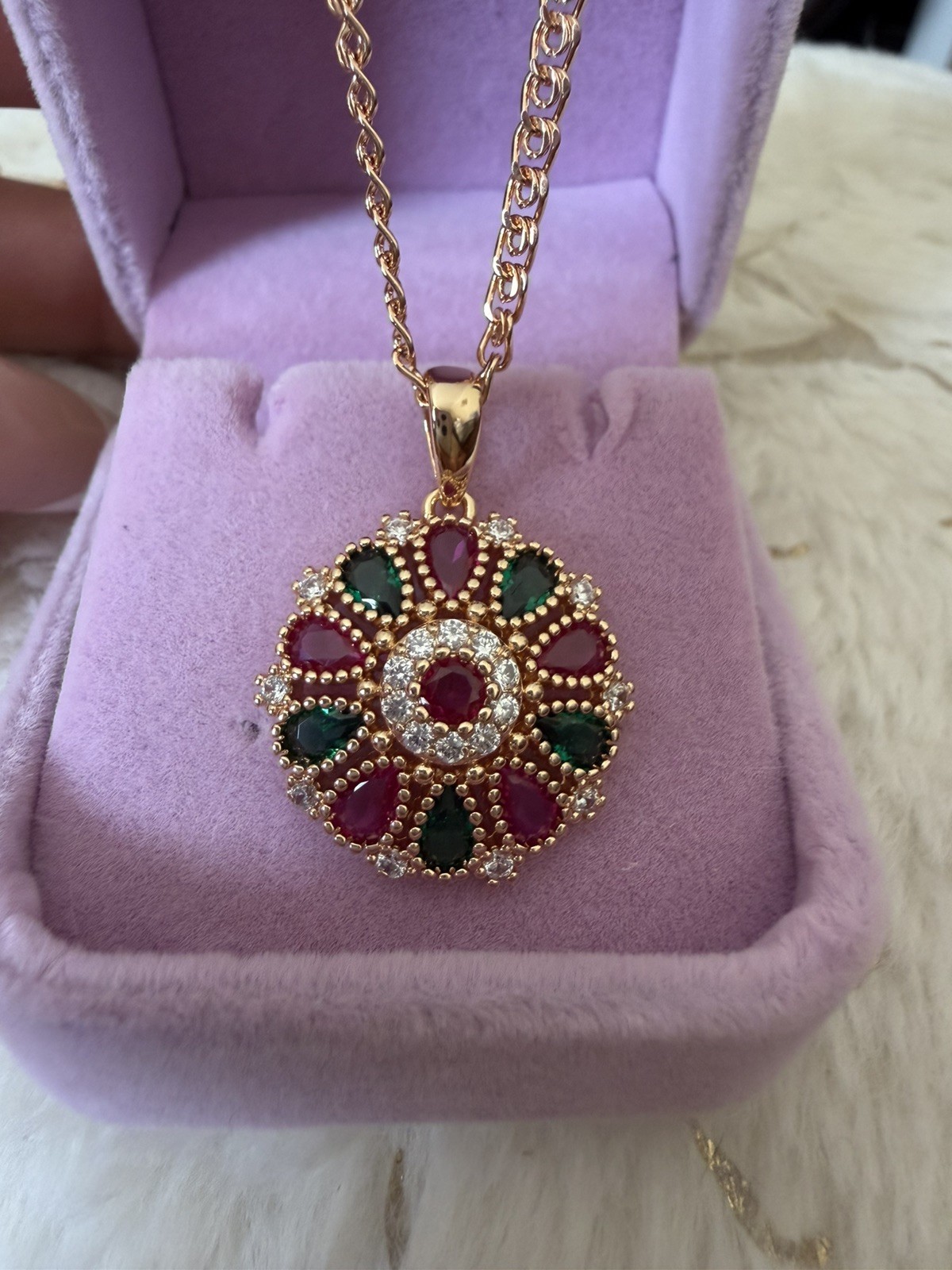 585 RG Hallmarked Rolled Rose Gold Necklace & Pendant zircon Vintage 50cm