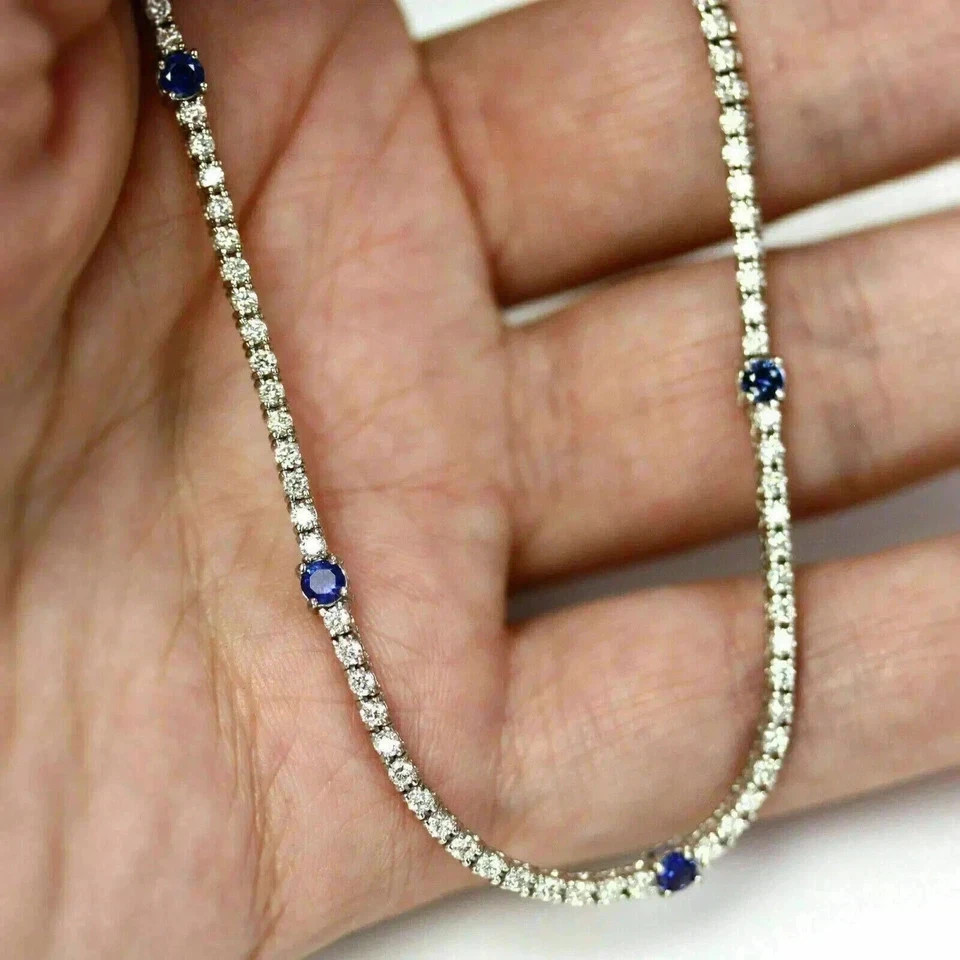 20TCW Round Lab Created Diamond & sapphire Tennis Necklace 925 Sterling Silver
