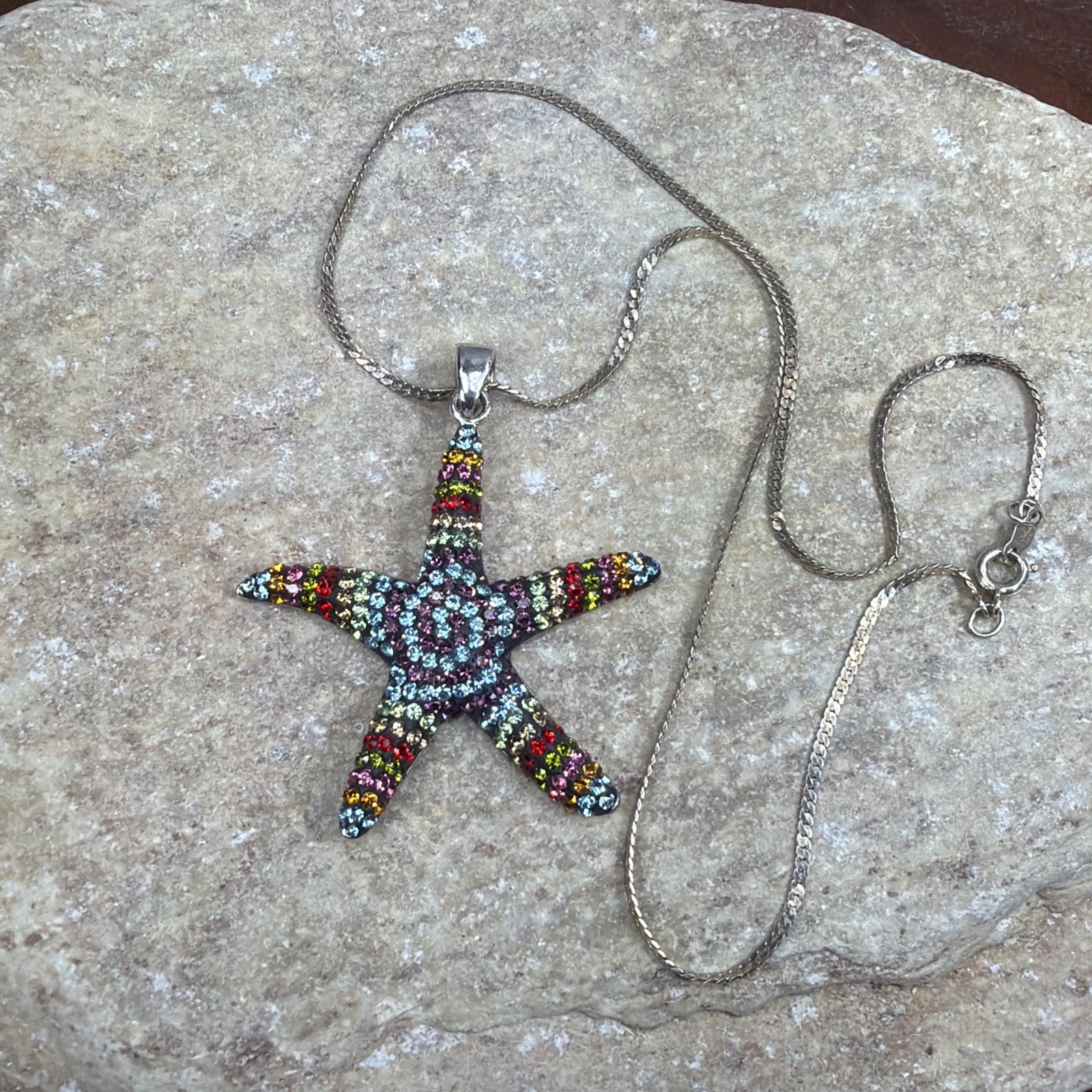 Sterling Silver Pave Multicolor Rainbow Rhinestone Starfish Pendant Thailand 16″