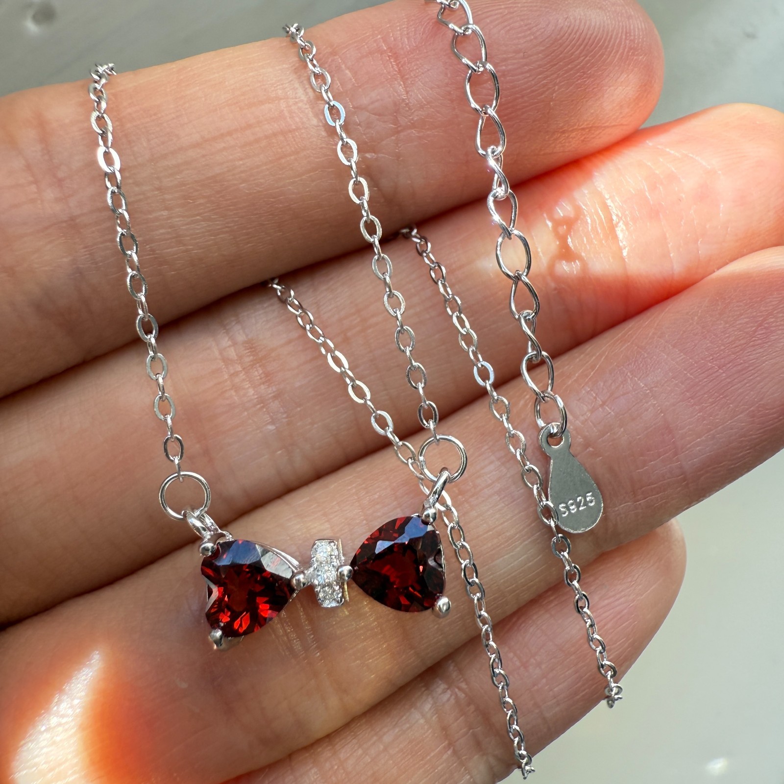 925 Sterling Silver Necklace 5mm Heart Natural Garnet Gemstone Zircon Chain Bow