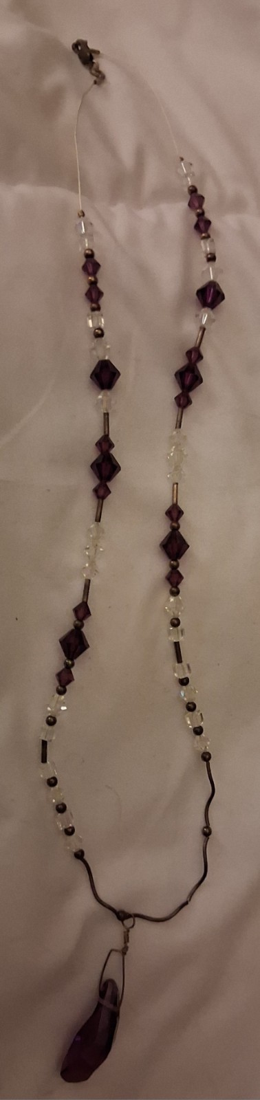 925 Sterling Silver Purple Crystal Bicone Beaded Y-Drop Pendant Necklace Signed