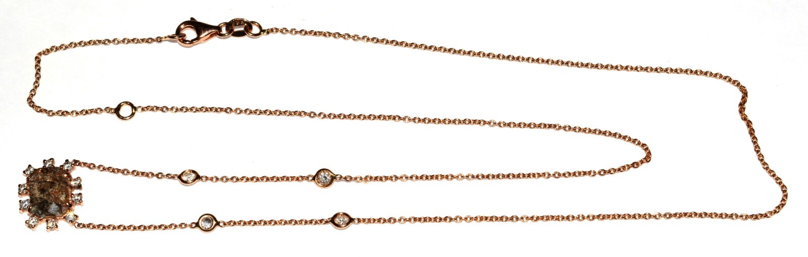 Unique Solid 14k Rose Gold Grey Rose Cut Diamond w White Diamond Accent Necklace