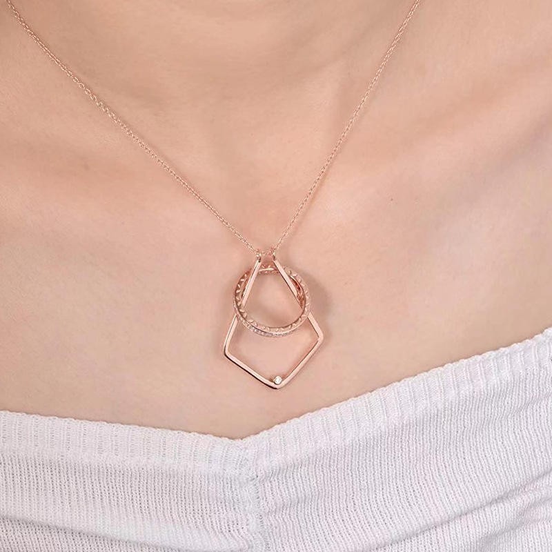 Rose Gold Ring Holder Pendant Necklace with CZ Crystal Geometric Minimalist Neck