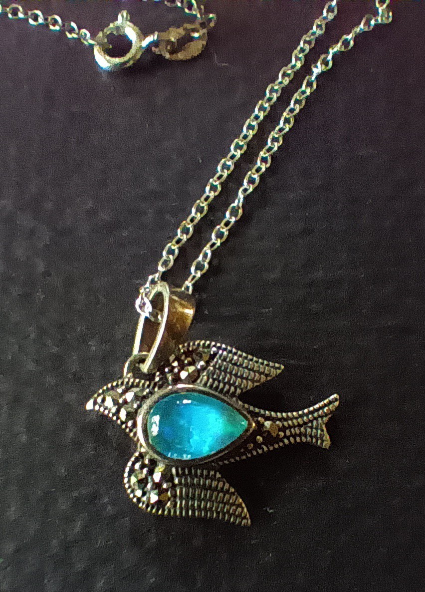Sterling Dove Pendant W/Synthetic Opal & Marcasite On 18” Sterling Necklace