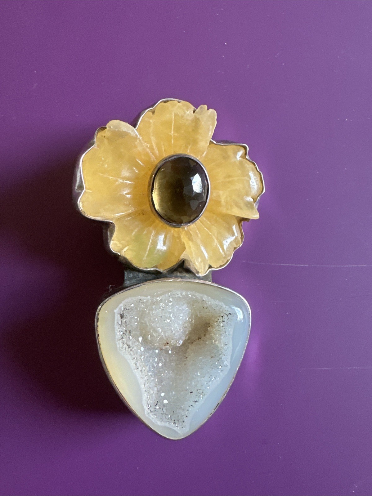 Vintage Sterling 925 Carved Yellow Jade/Agate Flower & Druzy Quartz Pendant Pin
