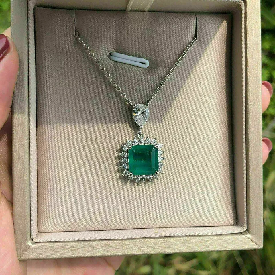 3Ct Asscher Cut Green Emerald Diamond Halo Pendant 14K White Gold Finish Chain